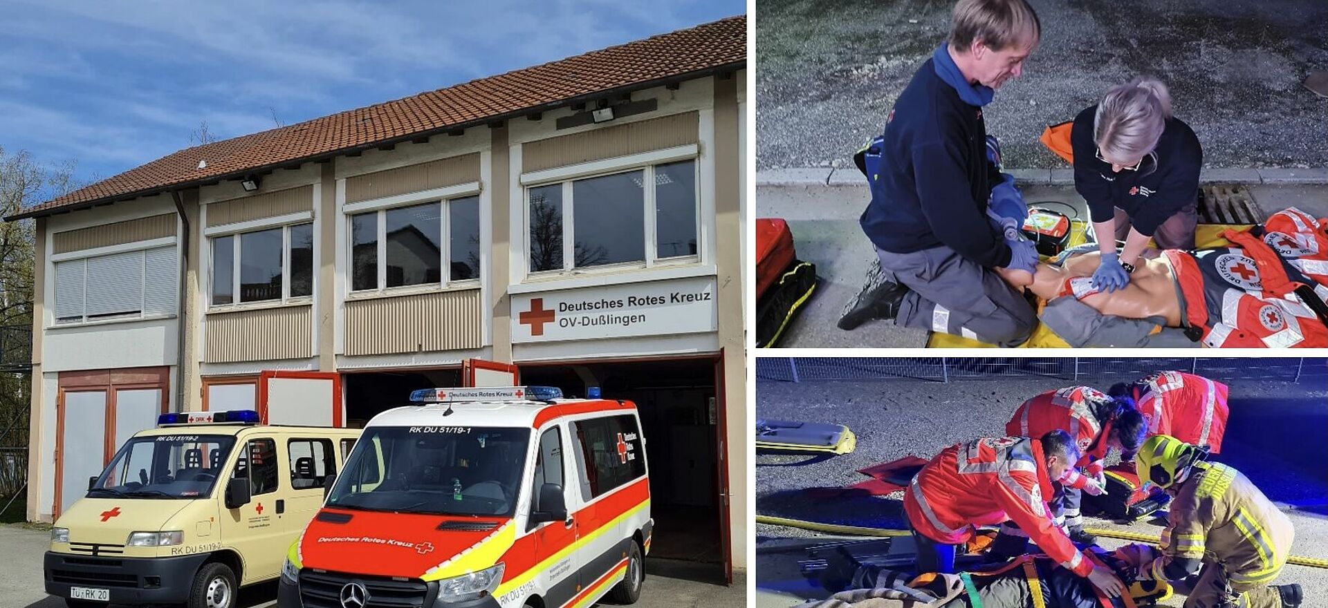Fahrzeughalle und Übungen Die DRK-Fahrzeuge vor der Fahrzeughalle, neben Fotos einer Reanimationsübung und einer Übung mit der Feuerwehr